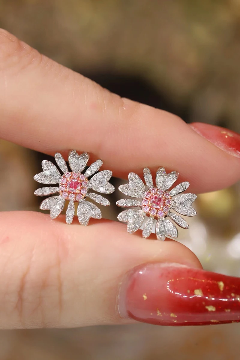 LUOWEND 100% 18K White Gold Earrings Elegant Flower Shape Real Natural Pink Diamond Stud Earrings for Women High Party Jewelry