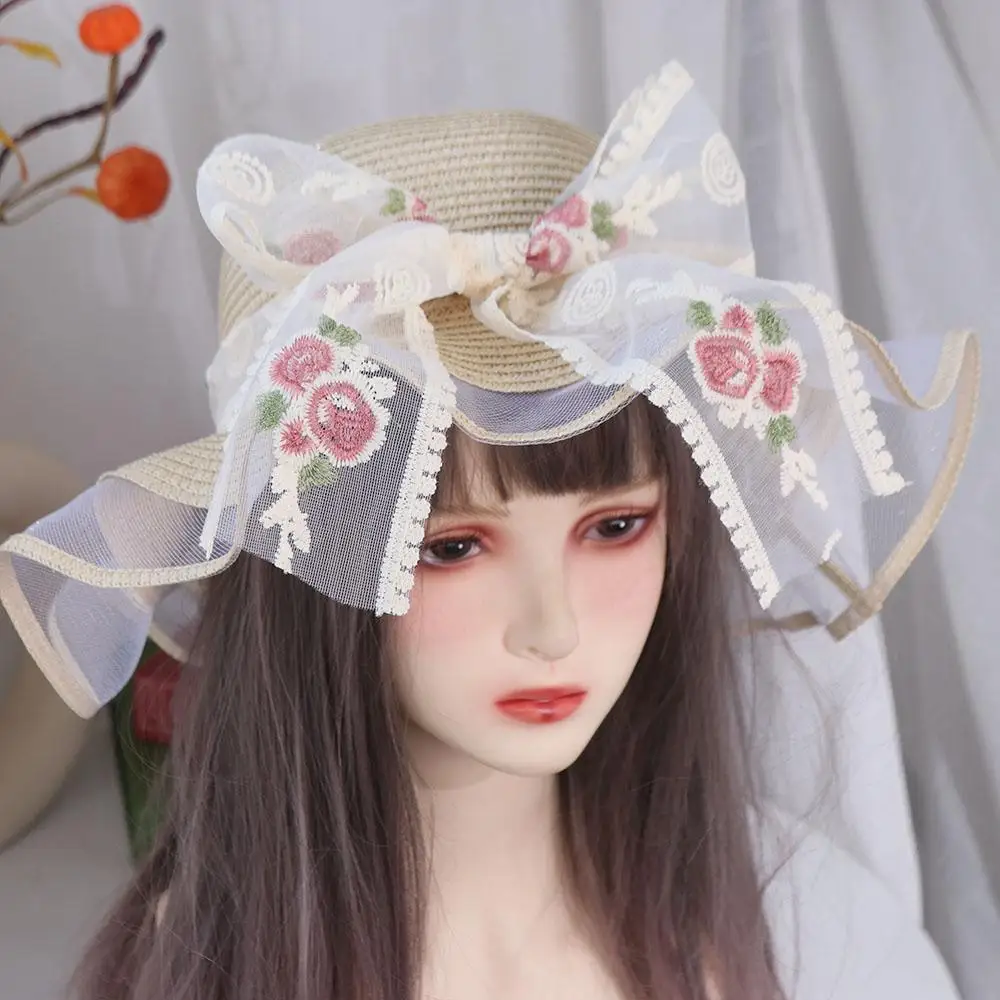 

Ins Spring Summer Beach Straw Hat Big Brim French Style Lace Bow Straw Hat Travel Foldable Women's Sun Hat Outdoor