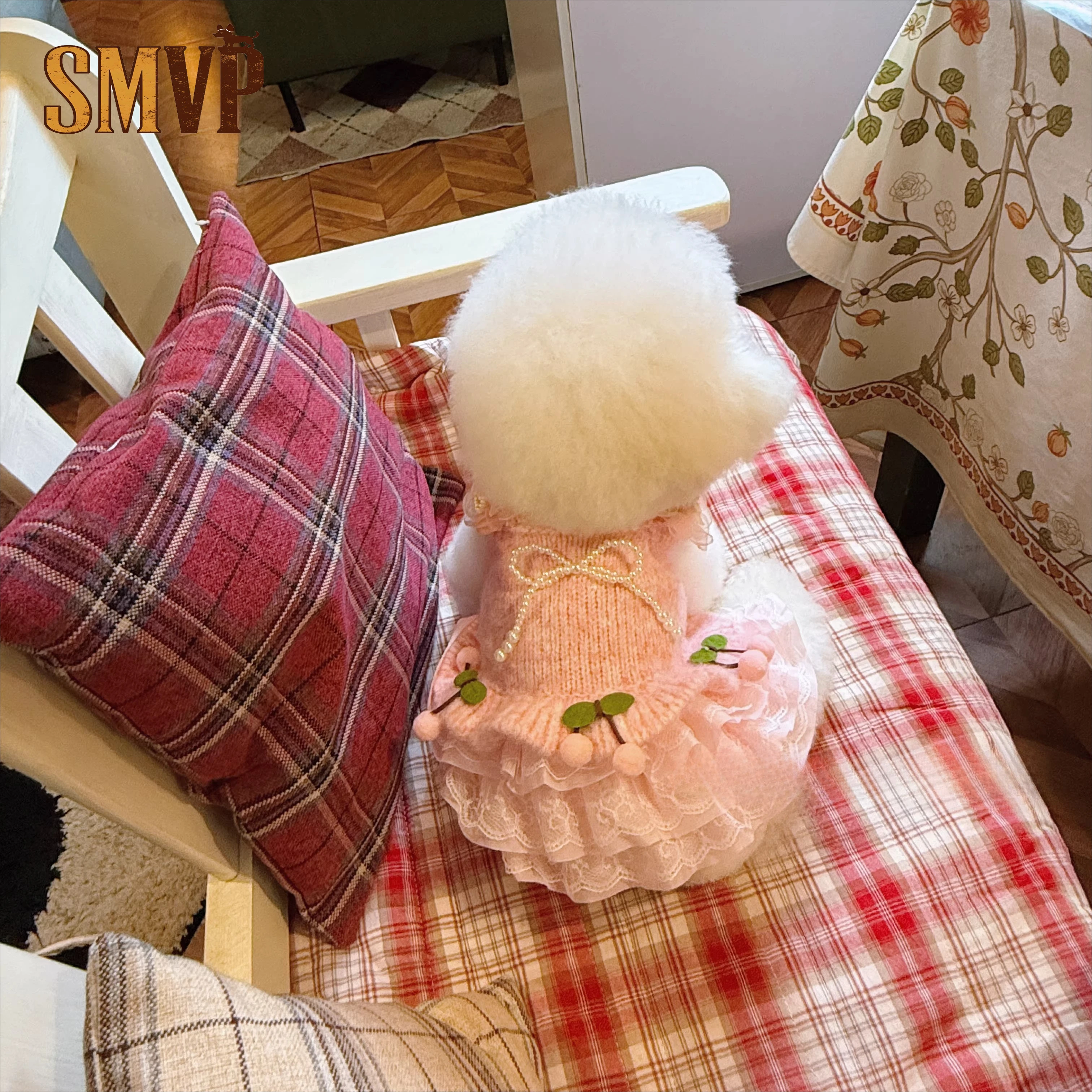 

New Knitted Fabric Pearl Cherry Decoration Sweet and Cute Style Splicing Gauze Dress Pet Kitten Puppy Dress