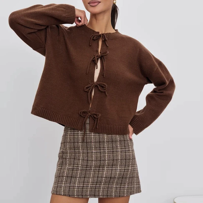 Herbst Winter Pullover Strickjacke Frauen O Neck Lace Up Kurze Pullover Für Frauen Mode Langarm Beiläufige Gestrickte Pullover