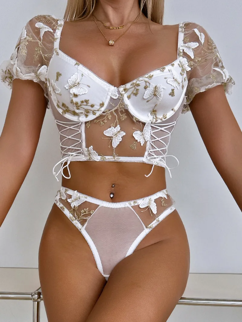 Russian Women's Puff Sleeved Sexy Flower Butterfly Embroidered Mesh Push-Up Transparent Mesh Bodysuits Pure Desire Charming 3HUJ