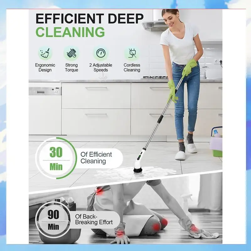 

Electric Rotate Scrubber Shower Scrubber With 9 Brush Heads Adjustable Extension Handle-[A22I]