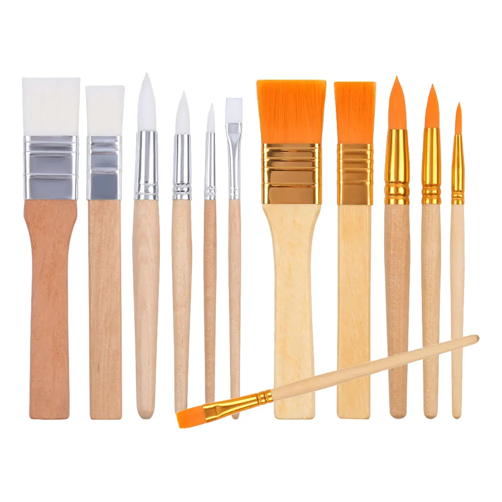

12pcs Children Paintbrush Watercolor Oil Wooden Nylon Brushes 6 White 6 Yellow Portable Wear Resistant Art Tool Gift Painting