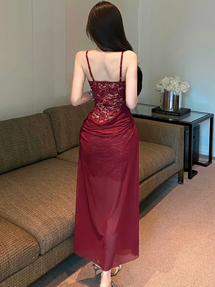 Verano rojo malla Patchwork encaje elegante Sling vestido largo mujeres coreano Vintage vestido de fiesta de baile de lujo 2025 elegante ceñido Vestidos