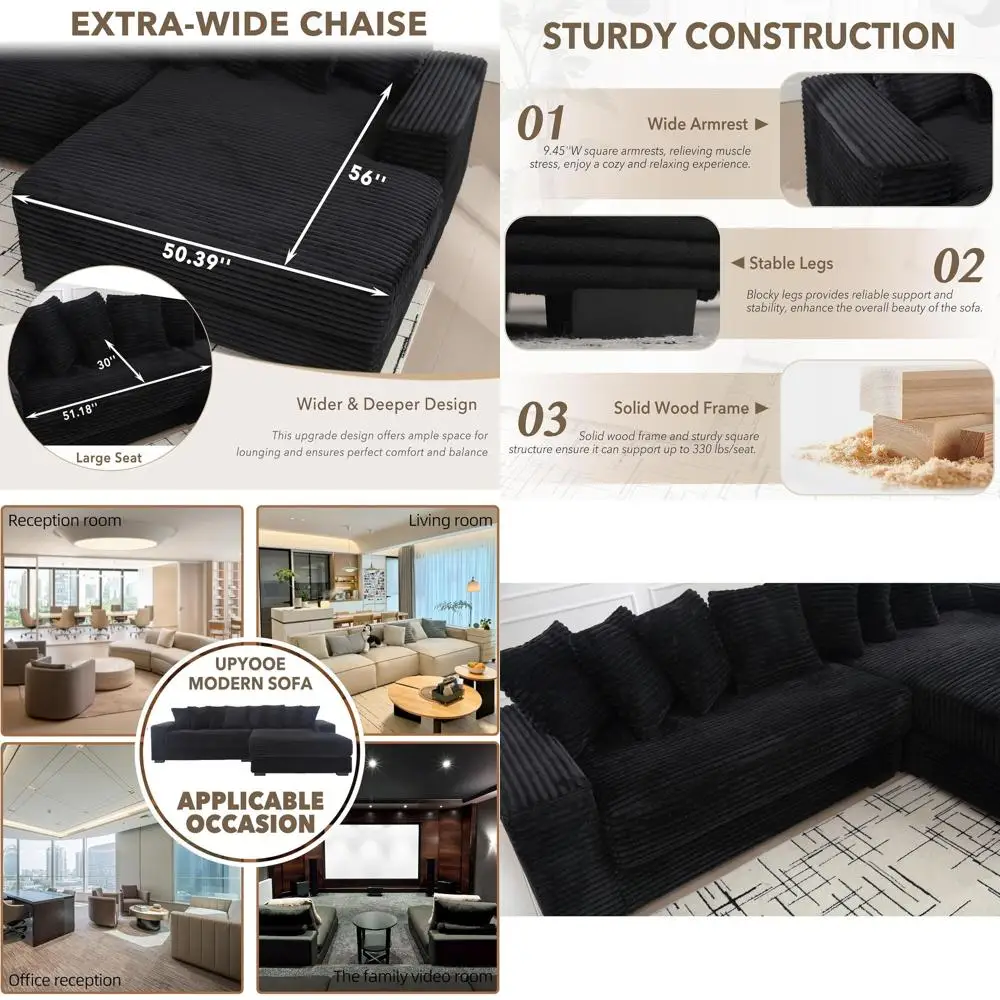 

L-Shaped Corduroy Sofa with Right Chaise, 8 Pillows, Ideal for Living Spaces, Offices, and Hotels, Black