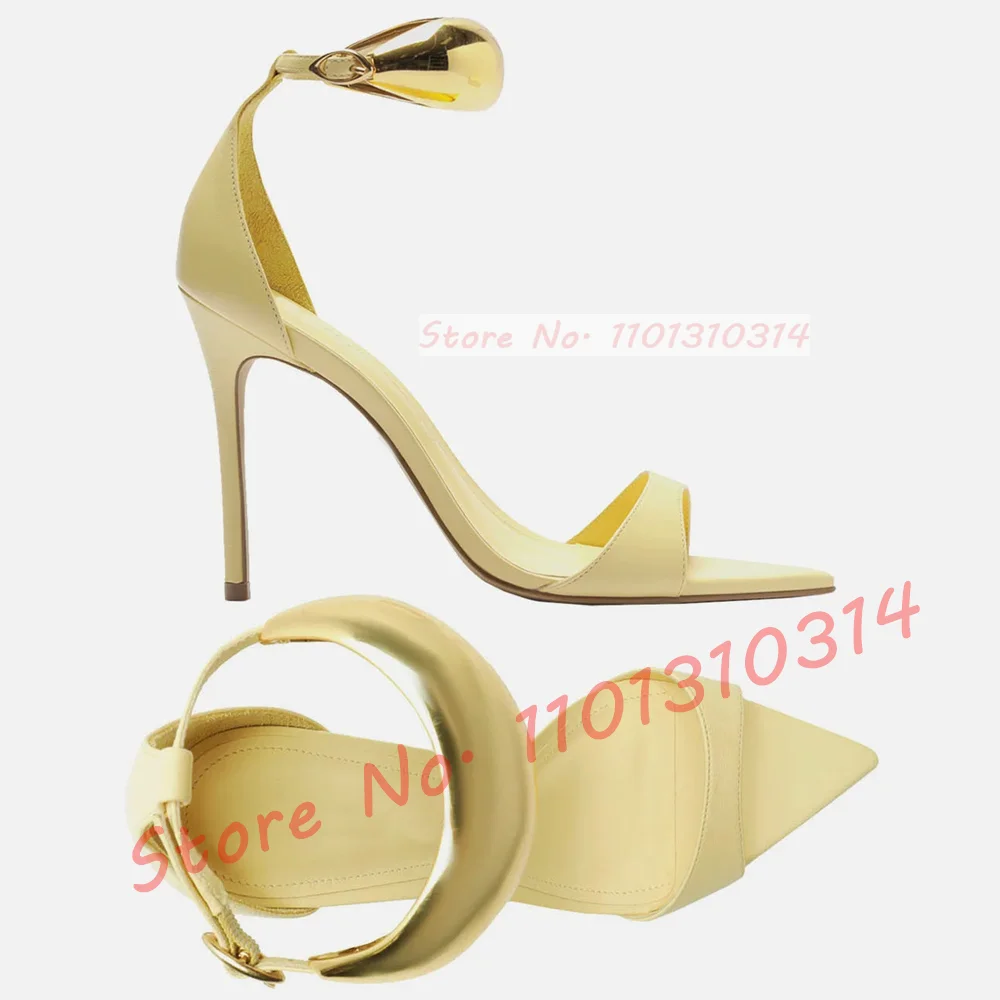 Tan Pointed Toe Sandals With Metal Ring Women Summer Sexy Ankle Strap Sandals Ladies Trending Evening Dress Stiletto Shiny Shoes