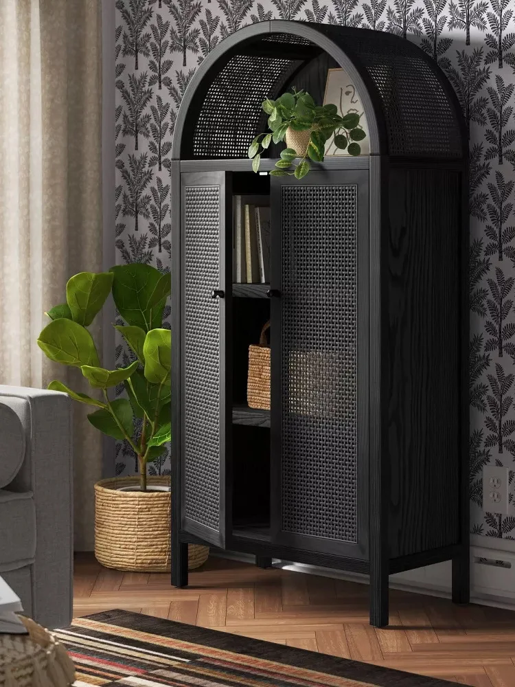 

Customizable American light arched bookcase simple wabi sandy wind braided rattan double door storage French display cabinet