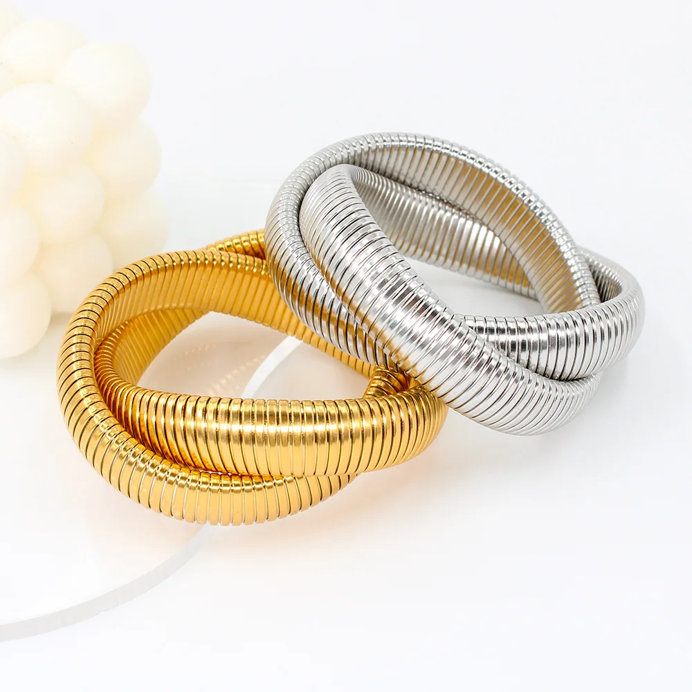 New Stainless Steel Two Laps Stretch Elastic Bracelet for Women Gold Silver Color