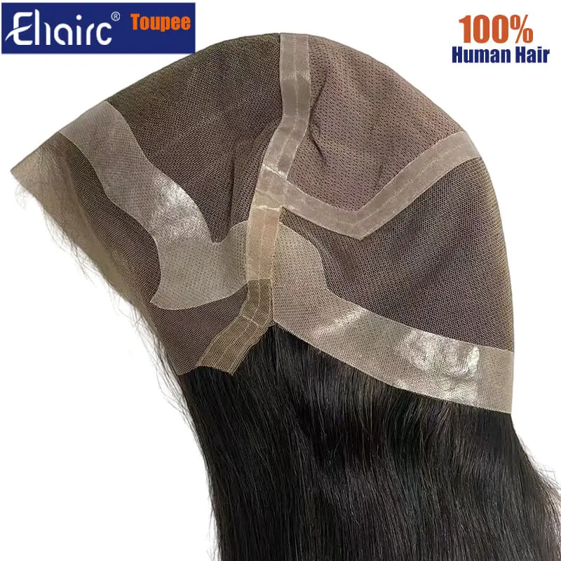 Peluca de cabello humano para mujer, postizo de encaje transpirable en el centro con anudado de Pu, 180% de densidad, largo, 100%