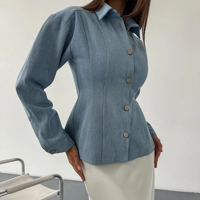 KT Vintage Waist Cinching Denim Shirt for Women Long Sleeve Button Down Slim Fit Blouse Casual Chic Daily Wear Spring Autumn view 3