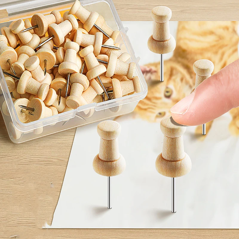 50 unids/caja de marcadores de chinchetas de madera para dibujar foto DIY, arte de pared, tachuelas para uñas, tablero de corcho, alfileres de empuje para la escuela, herramienta de oficina en casa