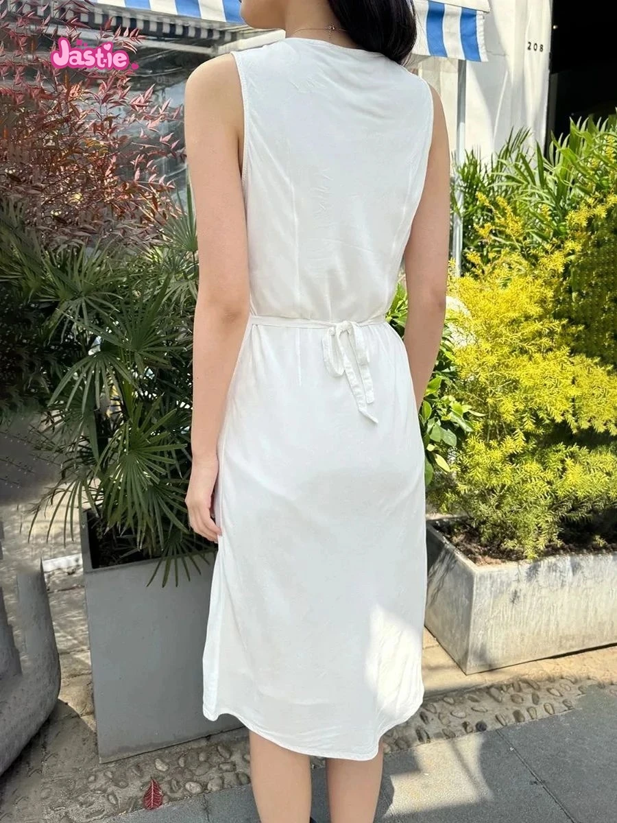 White Sweet Midi Dress Women Sexy Deep V Neck Cotton Sleeveless A-line Vestidos Lace-up Waist Solid Simple Summer Dresses New