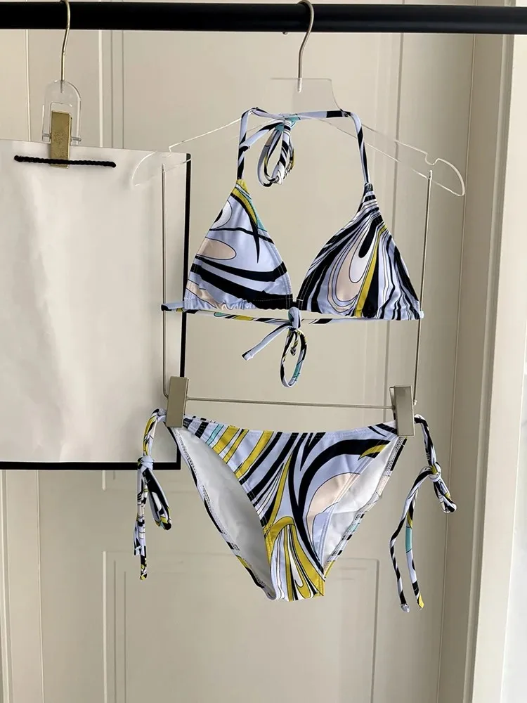 Summer Beach Party Fashion Sexy Geometric Print Bikini Set Women's Spaghetti Strap Ultrashort Tops+Low-waist Slim Shorts