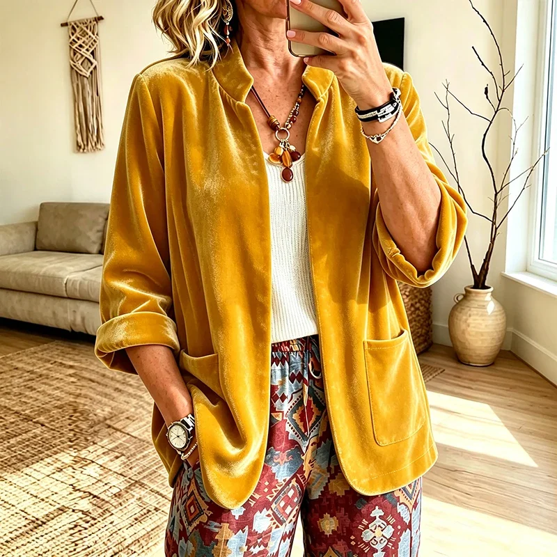 New Arrival Autumn Winter Velvet Temperament Blazer Elegant Women's Solid Stand Neck Long-sleeve Pocket Splicing Trend Suit Coat