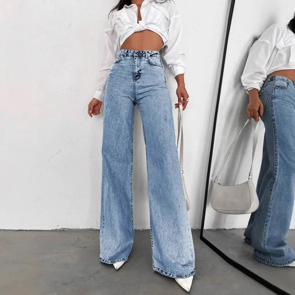 European American 2026 New Fashion Women Light Blue Loose Fit Simple Basic Dailt Casual Floor Length Jeans Pants Bottom Clothes