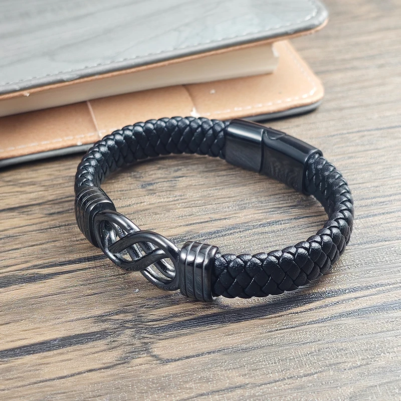 Vintage Punk Herren Schwarzes Geflochtenes Lederarmband Edelstahl Unendlichkeitsknoten Magnetverschluss Retro Schmuck Geschenk für Ihn – Detail 4