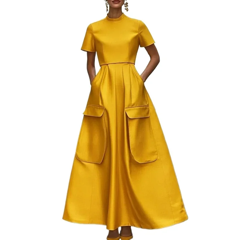Vestido de verano plisado amarillo elegante para mujer, novedad de 20225, Vestidos femeninos con bolsillos a la moda, bata informal de cintura alta para mujer