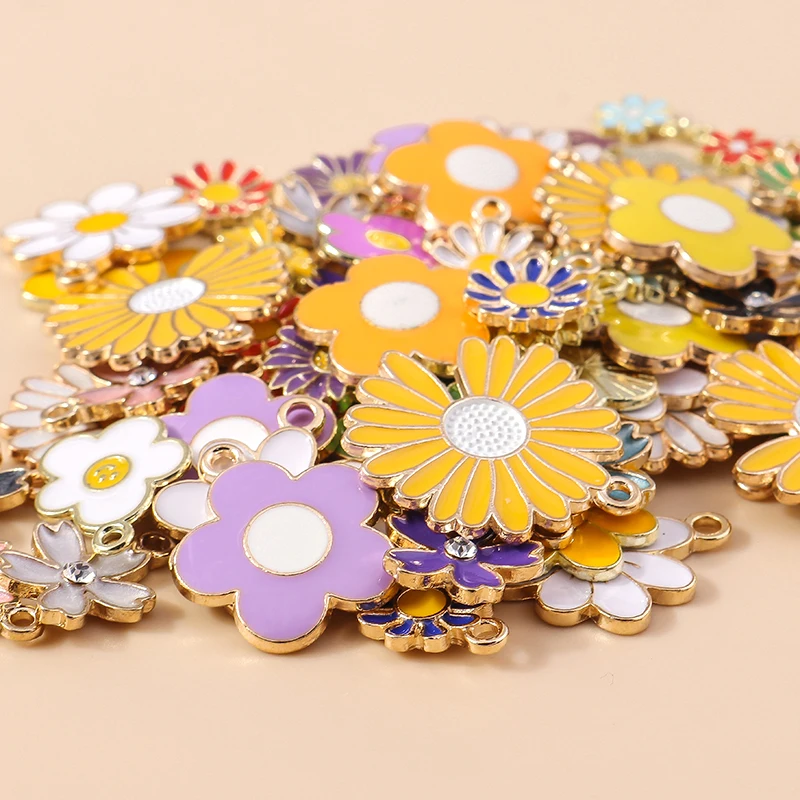10pcs 9 Styles Mix Color Metal Drop Oil Colorful Flower Charms Plant Daisy Pendant for DIY Bracelet Necklace Jewelry Making