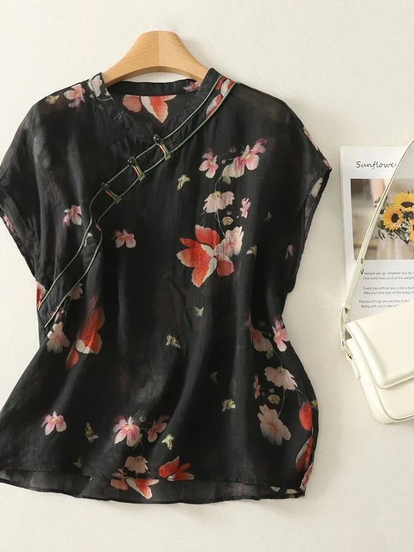 

New Chinese Style Cotton Linen Short Sleeve Shirt Women's Summer 2026 Retro Versatile Side Button Loose Fit Printed Top