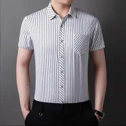 Smart Casual Summer Fashion Simple Short Sleeve Shirt Men's Lapel Button Patchwork Pockets Versatile Breathable Striped Thin Top