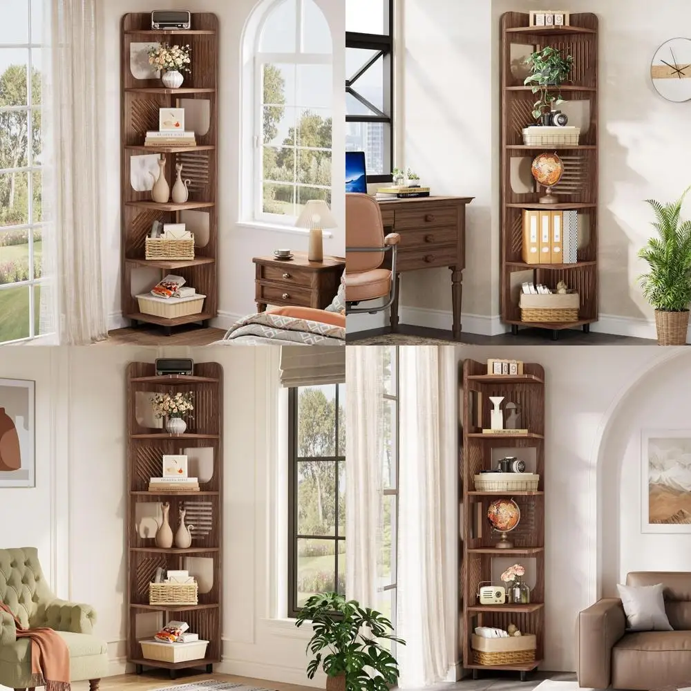 prateleira de canto rústica de 71 polegadas de altura com prateleiras quadradas para exibição e armazenamento