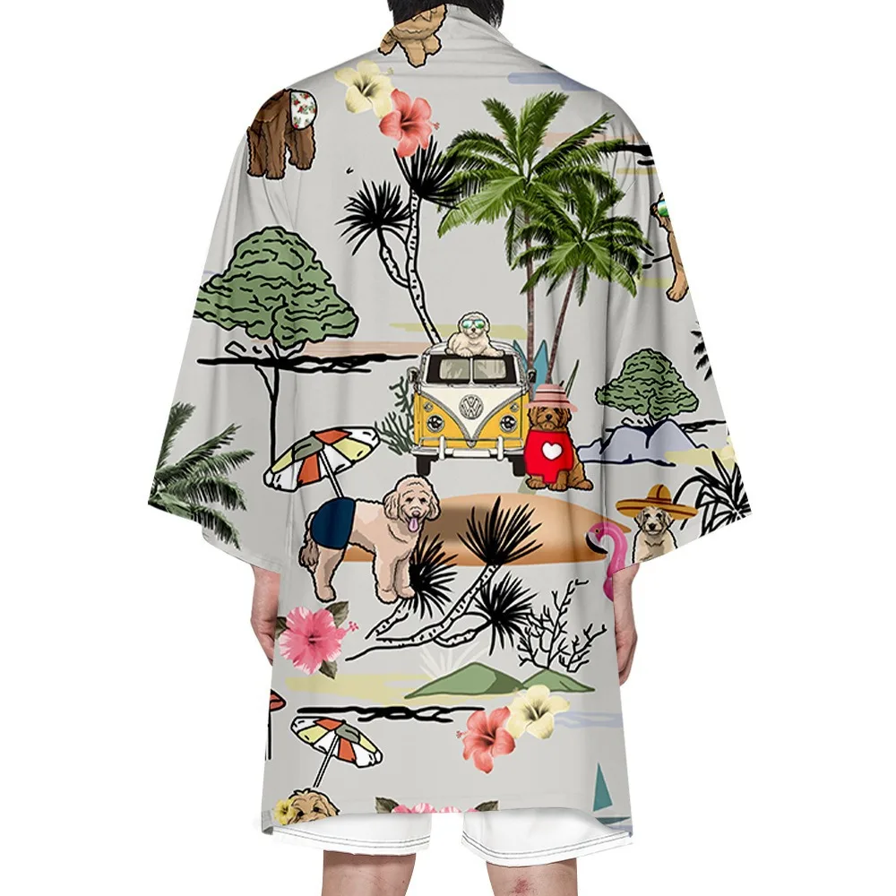 Men\'s Hawaiian Style Japanese Long Kimono Cardigan Summer Floral Puppy Print Casual Cute Haori Asian Traditional Clothing Robe