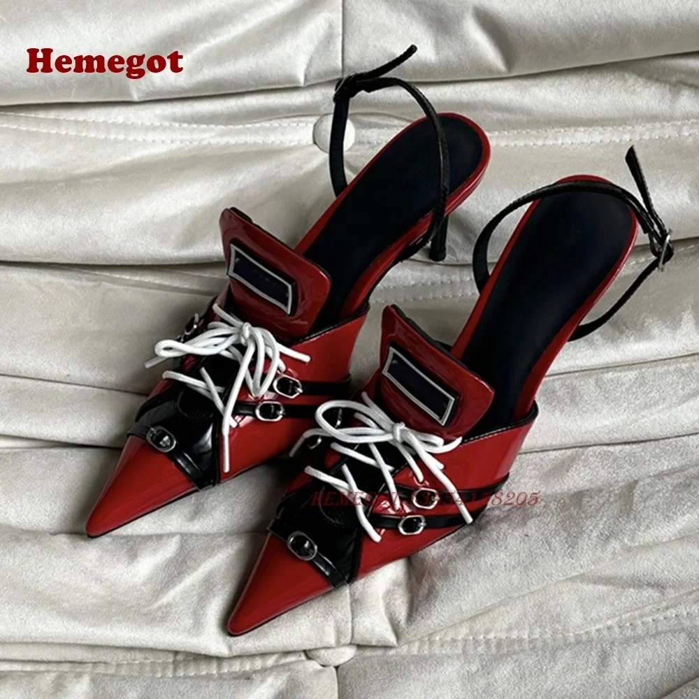 

Red White Lace-Up Slingback Pumps Pointed Toe Thin Heel Buckle Women's Sandals 2024 Patchwork Mixed Color Party Shoes Luxury