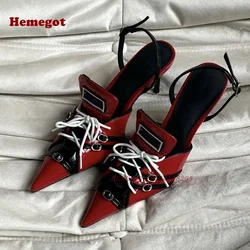 Red White Lace-Up Slingback Pumps Pointed Toe Thin Heel Buckle Women's Sandals 2024 Patchwork Mixed Color Party Shoes Luxury