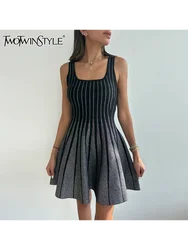 TWOTWINSTYLE Hit Color Slim Mini Dresses For Women Square Collar Long Sleeve High Waist Minimalist Dress Female Fashion Style