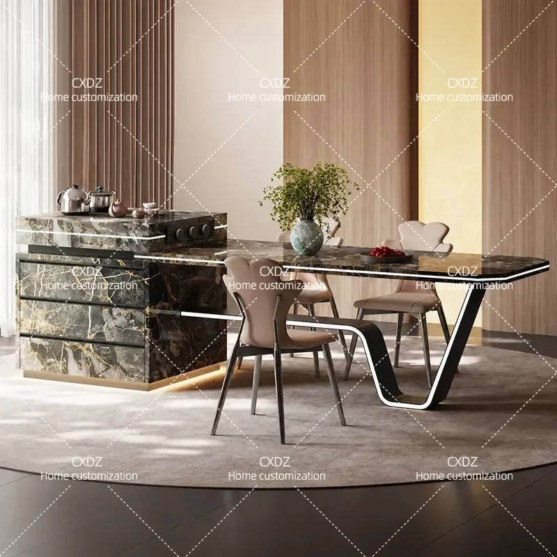 Luxury Island Table with Integrated Full Sintered Stone Top Modern Center Guide Platform Tea Bar and Dining Table for Living