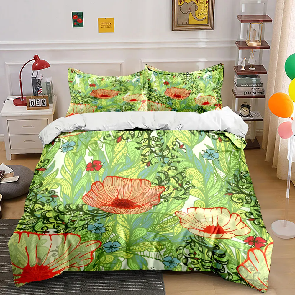 Hand-painted poppy flowers and green leaves Print Bedding Set 1 Duvet Cover 2 Pillowcases for Adult and Children Luxury Gift