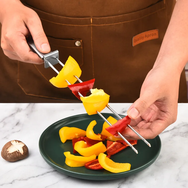 

1PC Double Head BBQ Fork Stainless Steel Semi-automatic Household BBQ Fork Outdoor BBQ Fork