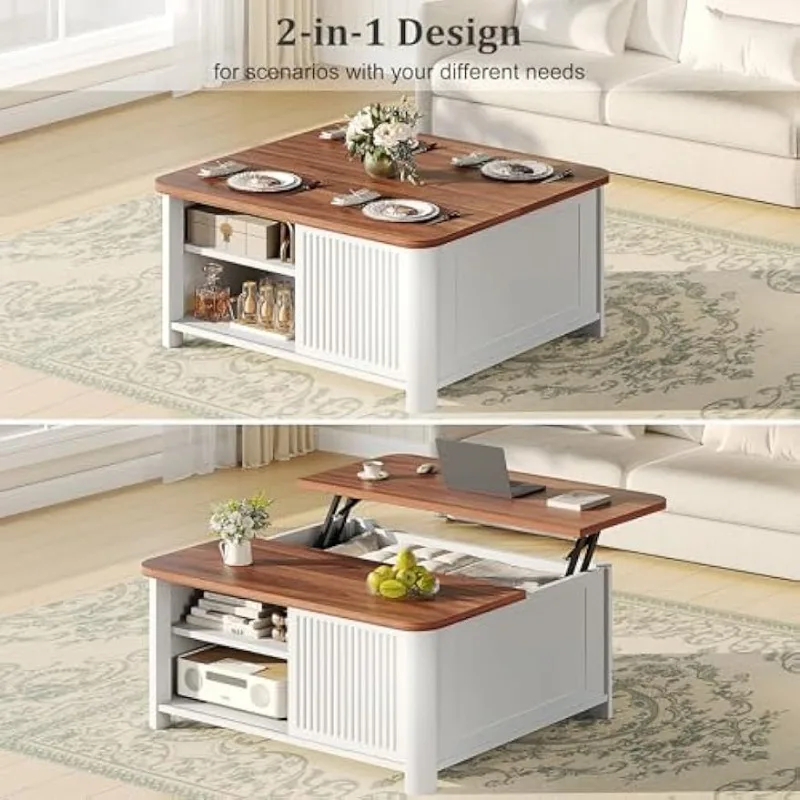 Lift Top Coffee Table with Storage, 31.5" Mid Century Modern Square Coffee Tables for Living Room,White