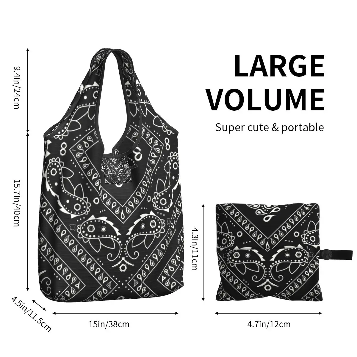 Funny Black Bandana Pattern Shopping Tote Bag Portable Paisley Style Groceries Shopper Shoulder Bag