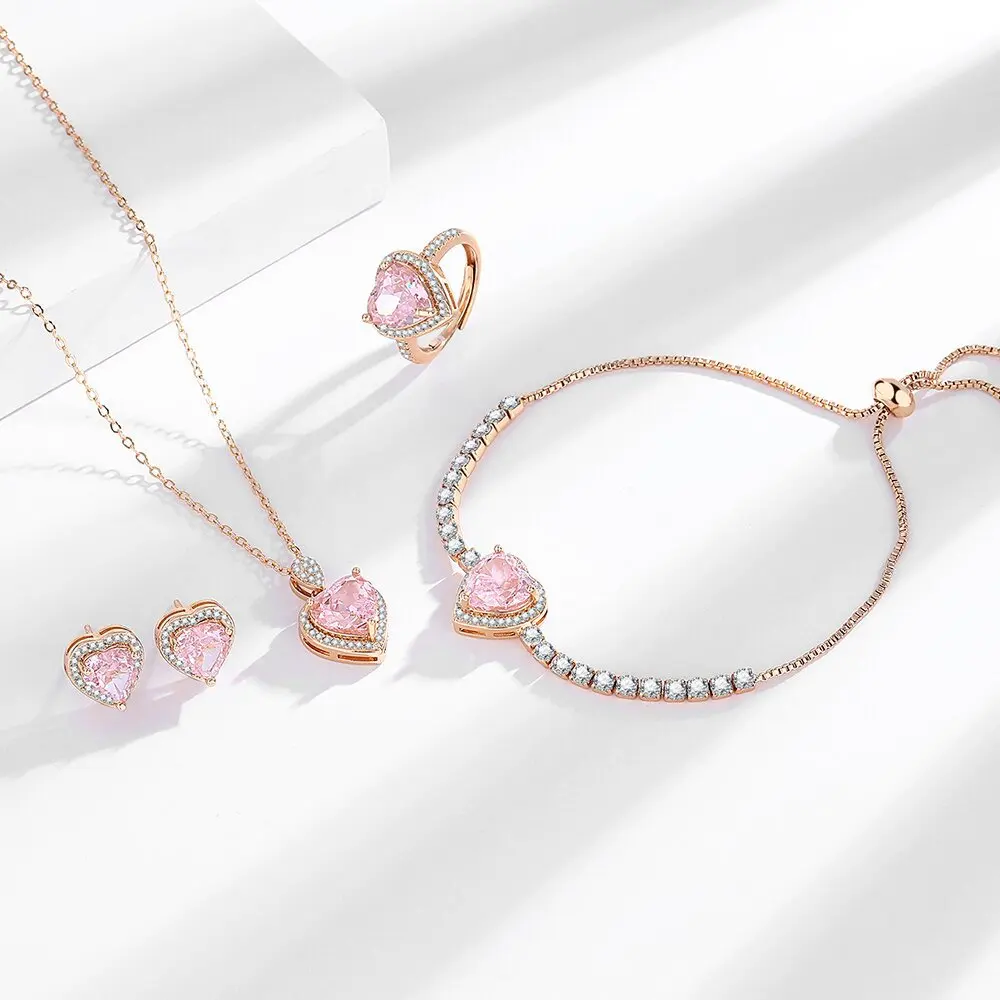 

18K Champagne Gold Plated Sweet Romantic Pink Crystal Zircon Jewelry Set Valentine's Day Gift