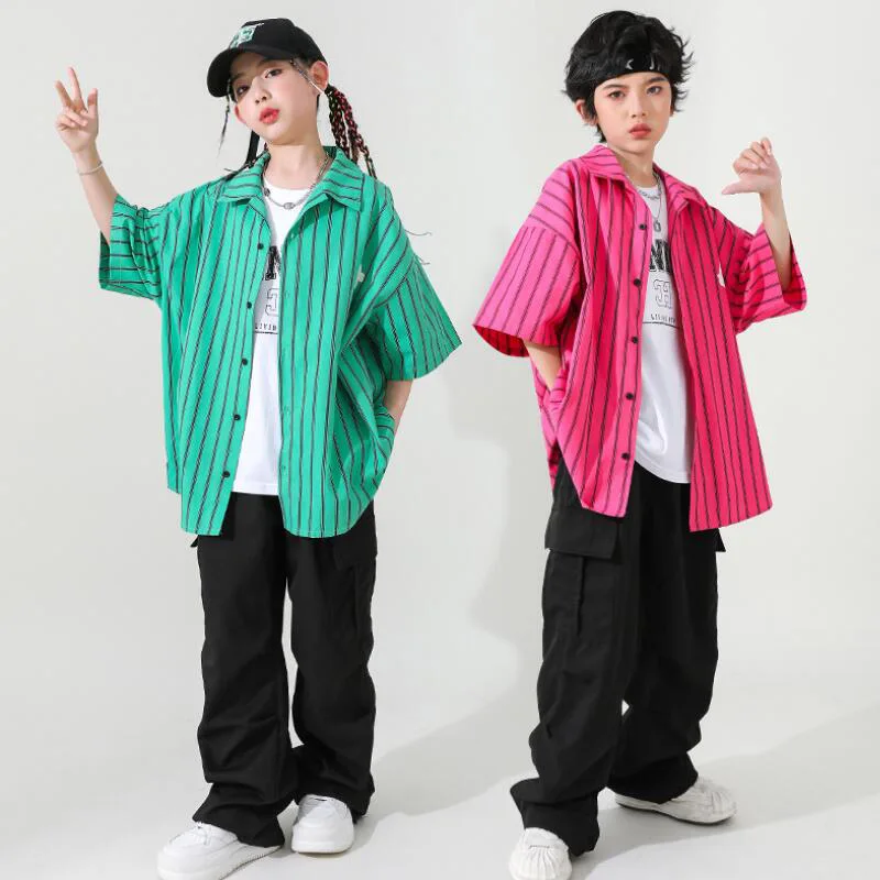 Girls Street Dance Stripe Shirt Cargo Shorts Children Hip Hop Cool Blouse Outfits Clothes Sets Kids Jazz Streetwear Costume