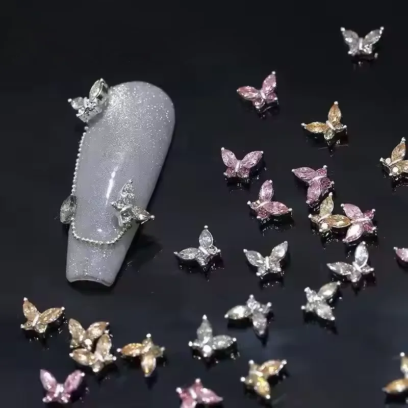 20Pcs mini crystal butterfly nail jewelry 3D diamond jewelry pink transparent metal nail decoration rhinestone gemstone