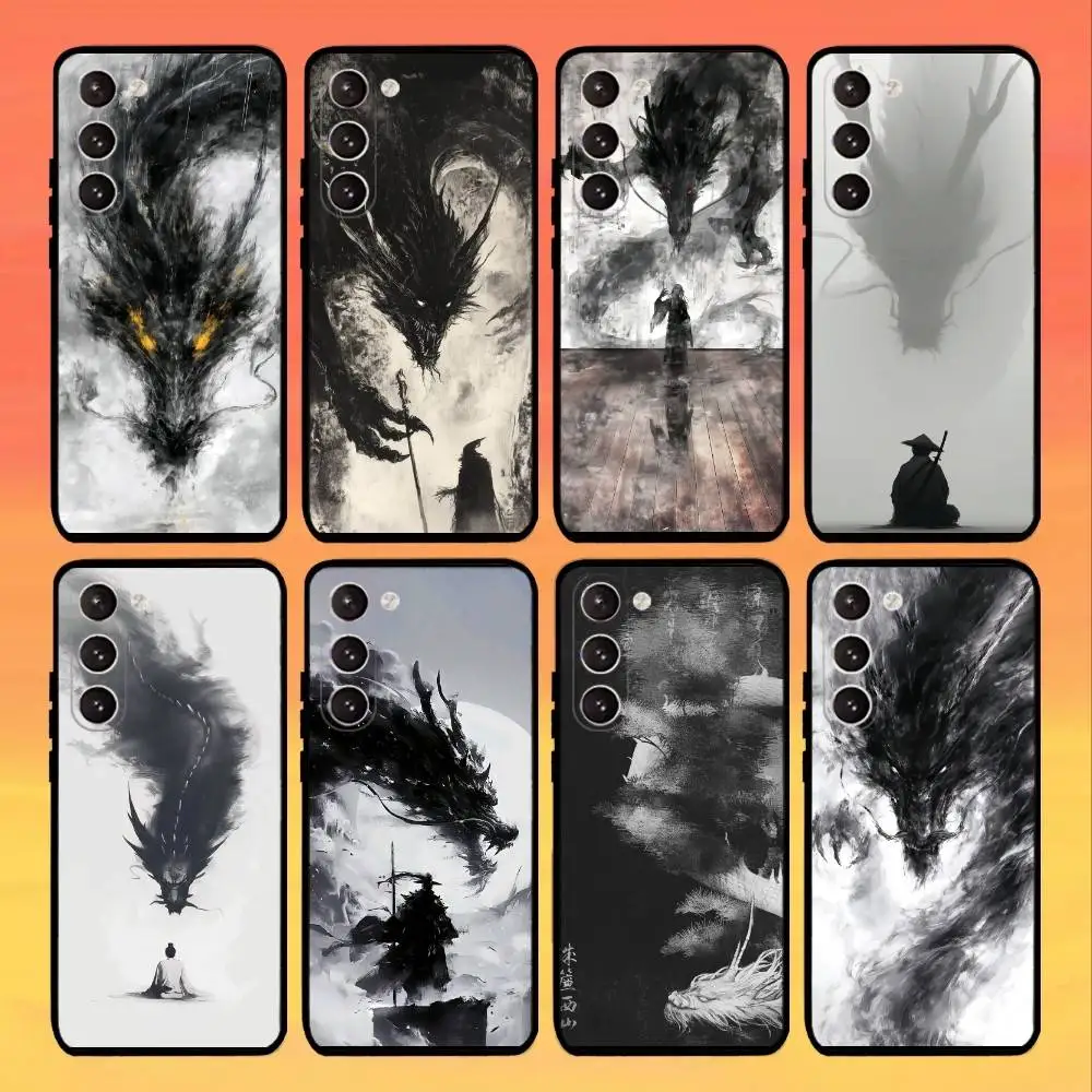 التنين نمط الحبر فرشاة اللوحة حالة الهاتف لسامسونج غالاكسي A73، A72، A71، A70، A53، A52، A51، أخرى غطاء أسود ناعم #1