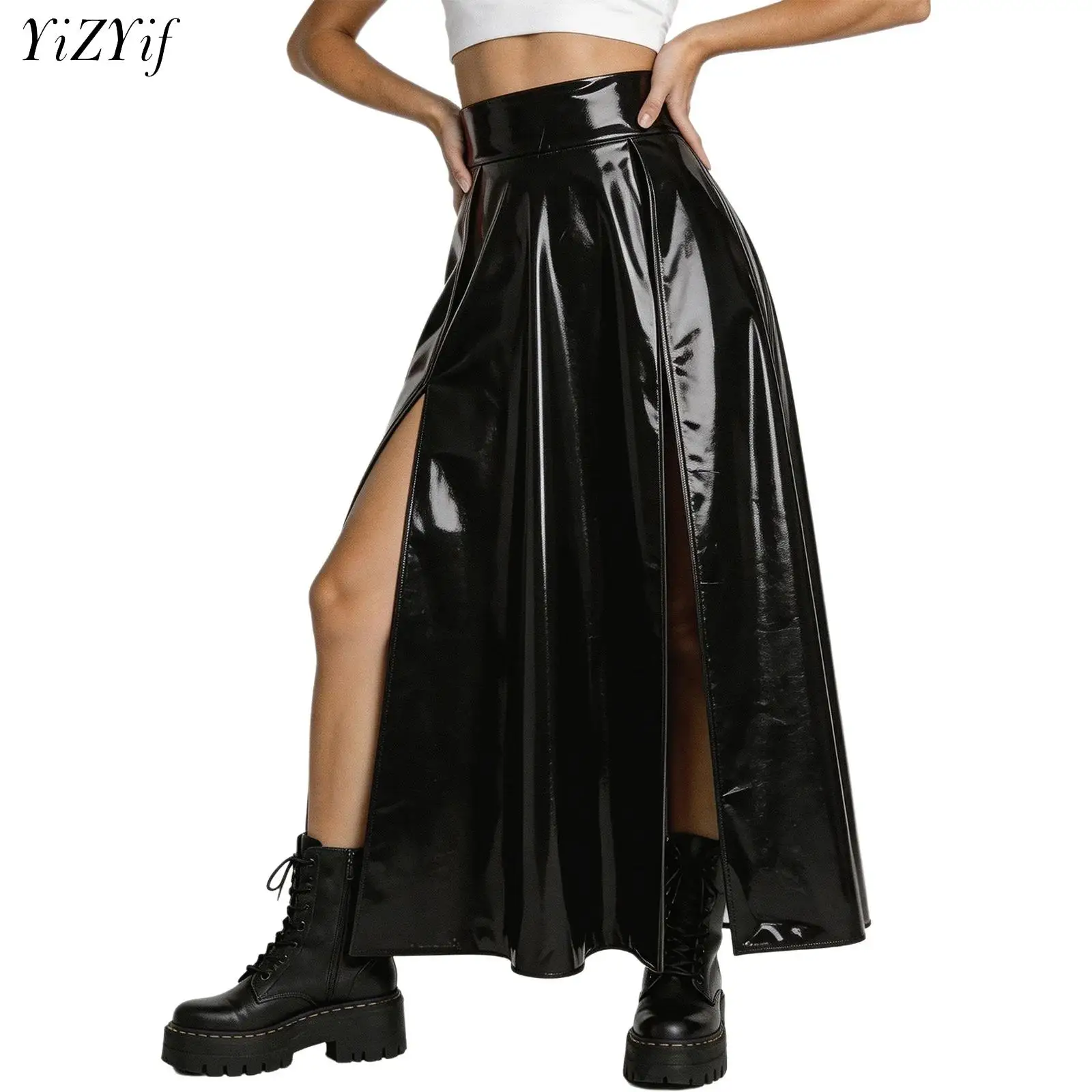 Women's Glossy Patent Leather Long Skirt Clubwear High-waisted High Split Maxi Skirts for Rave Music Festival Party Pole Dance