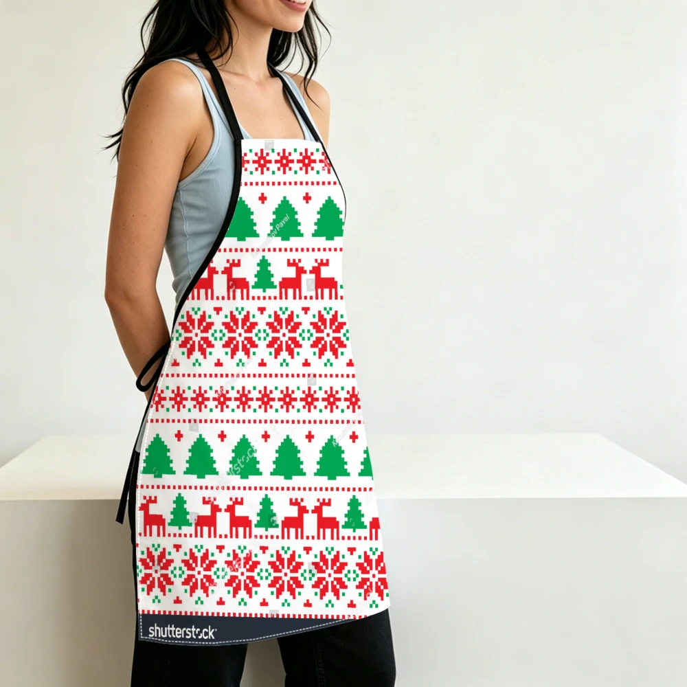 Christmas Sweater Style Apron Red Green Reindeer Snowflake Tree Print Kitchen Cooking Baking Adjustable
