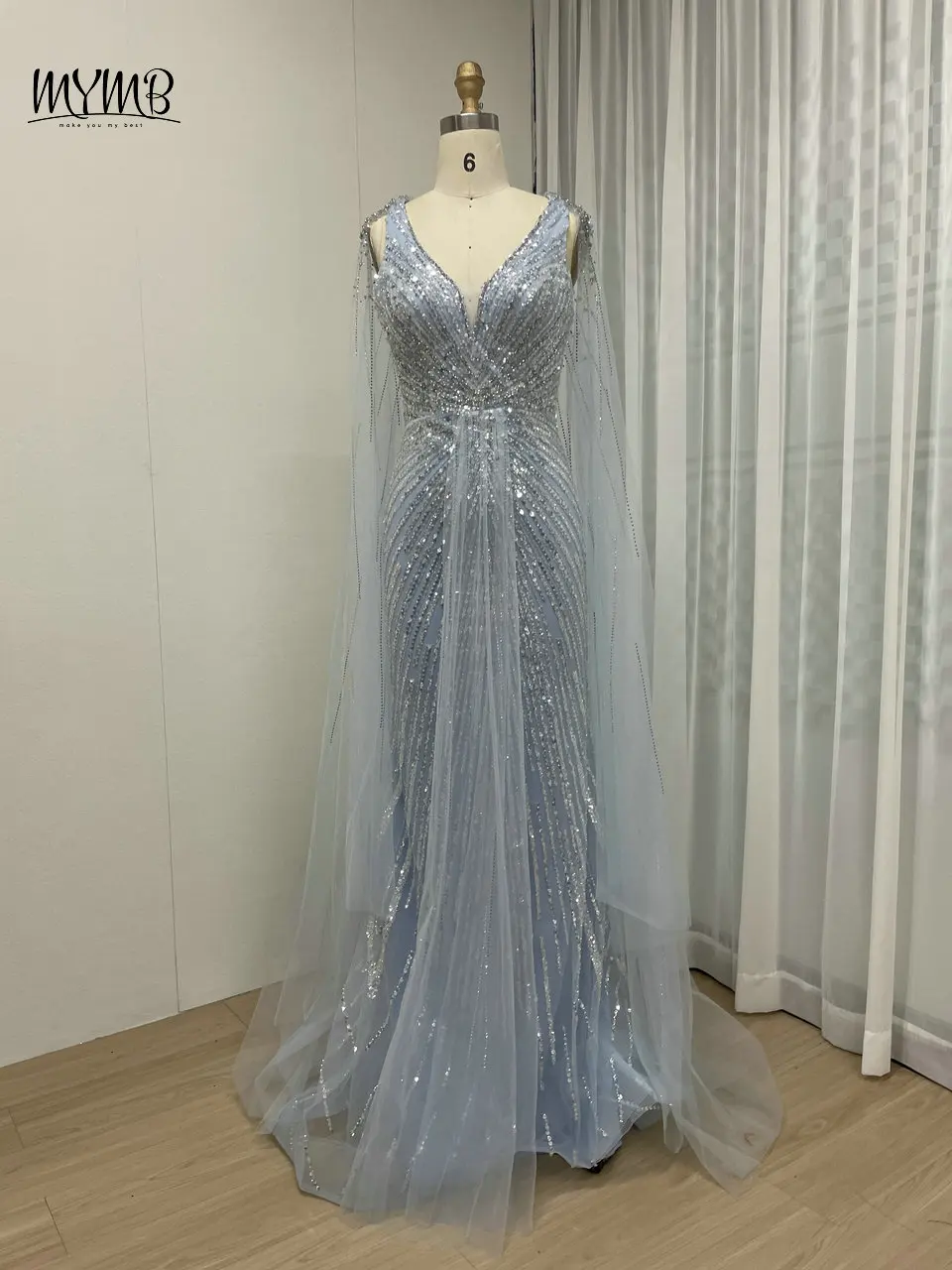 

MYMB Blue Mermaid Beaded Arabic Luxury Evening Dresses with Cape Gorgerous Dubai Sexy V Neck Wedding Party Gown vestidos de gala
