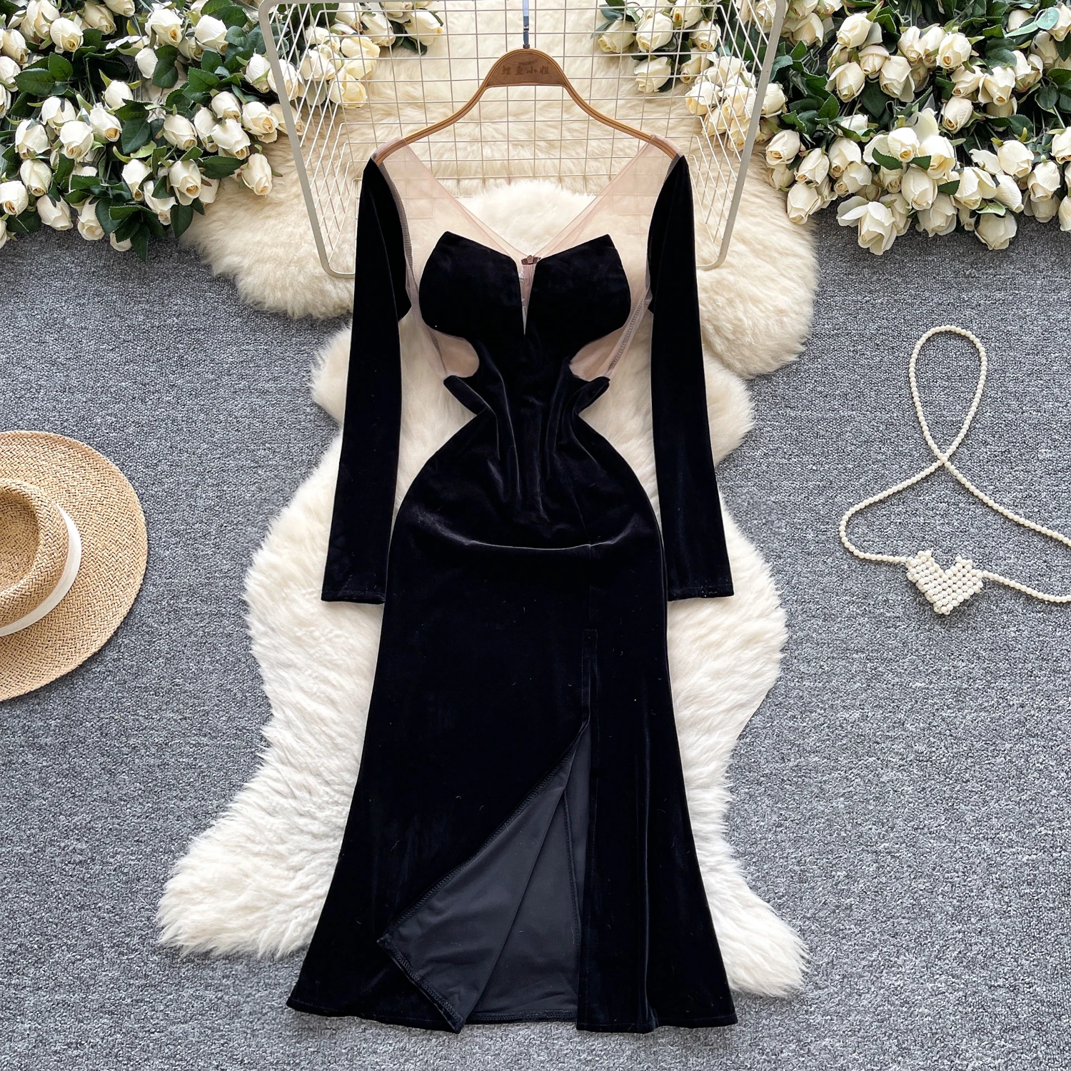 Seksowna, elegancka sukienka z weluru, asymetryczna, z siateczką, szykowna, vintage, damska, codzienna, odzież damska w stylu high street.