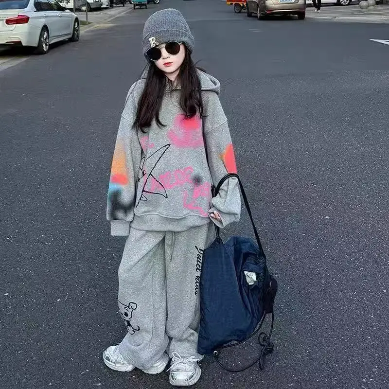 Children Girls Tracksuits Toddler Teenager Cloth Velvet top hooded + Ankle-tied Pant Children set 5 7 9 11 13 15 Year