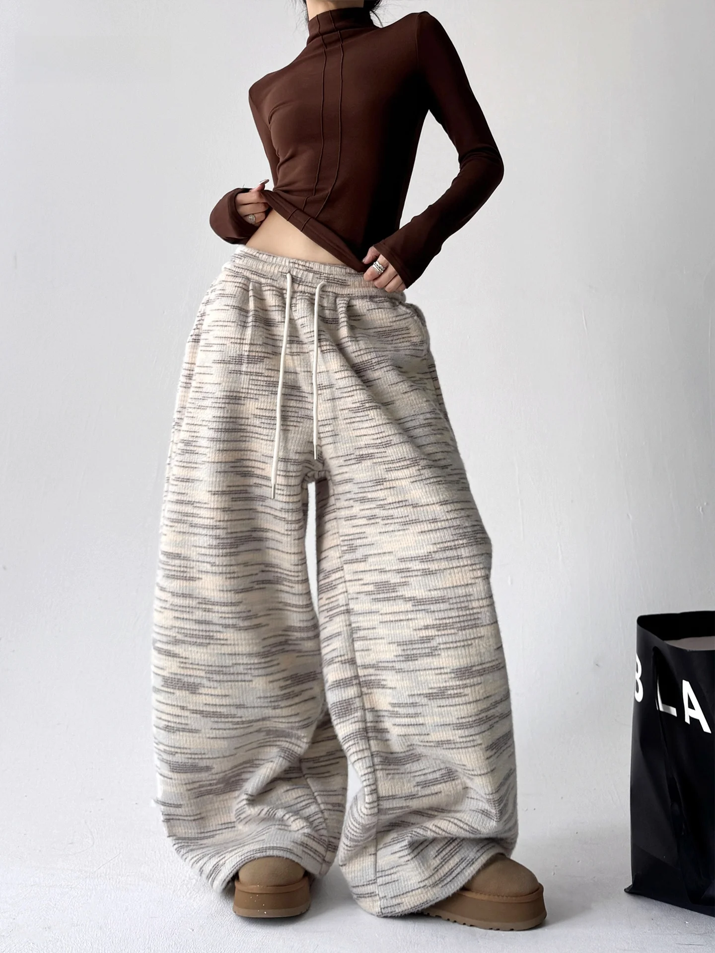 ارتفاع الخصر السراويل واسعة الساق المرأة الخريف الشتاء فضفاضة عادية لينة مريحة مستقيم قطع السراويل بناطيل كاجوال للسيدات #1