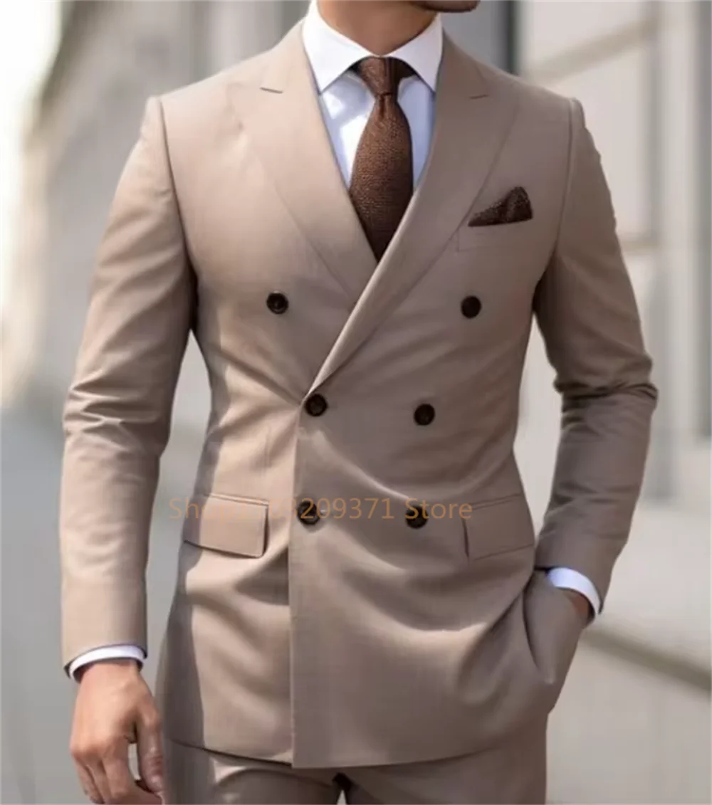 High Quality Brown Men Suits 2024 Double Breasted Bespoke Wedding Suit Peaked Lapel Formal Blazer Slim Fit 2 Piece Jacket Pants