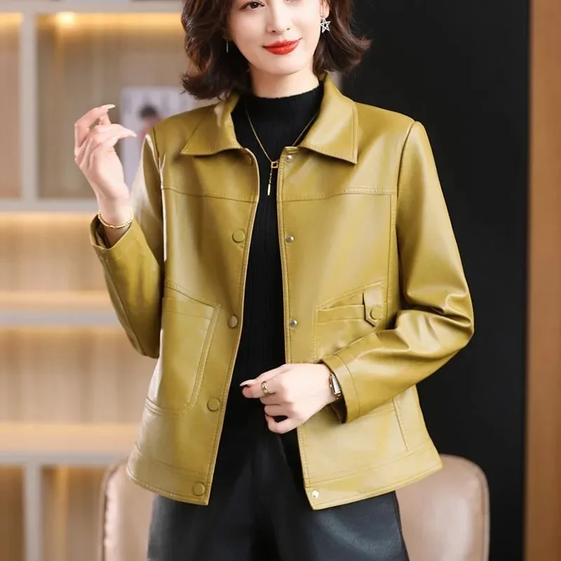 Female Leather Jacket Women's 2024 Spring Autumn New Popular Fashion Loose Fit Plus Size 4XL Versatile Leather Jackets Top Yello