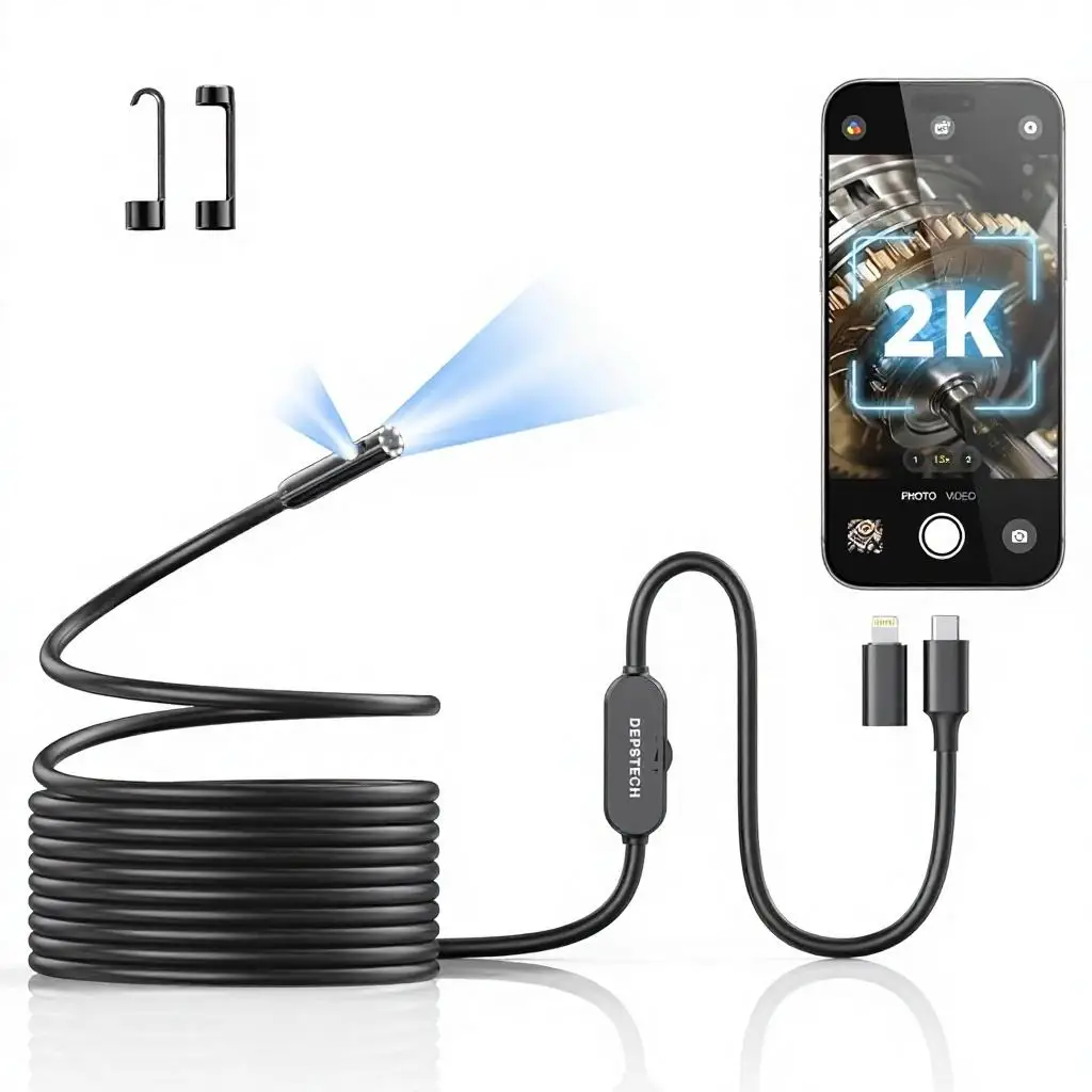

2K Endoscope Camera Light 2560P QHD Dual Lens Inspection 16.5FT Snake Cable Built-in Light for Industrial/Automotive Probe Diameter: 5.5mm(0.22in)