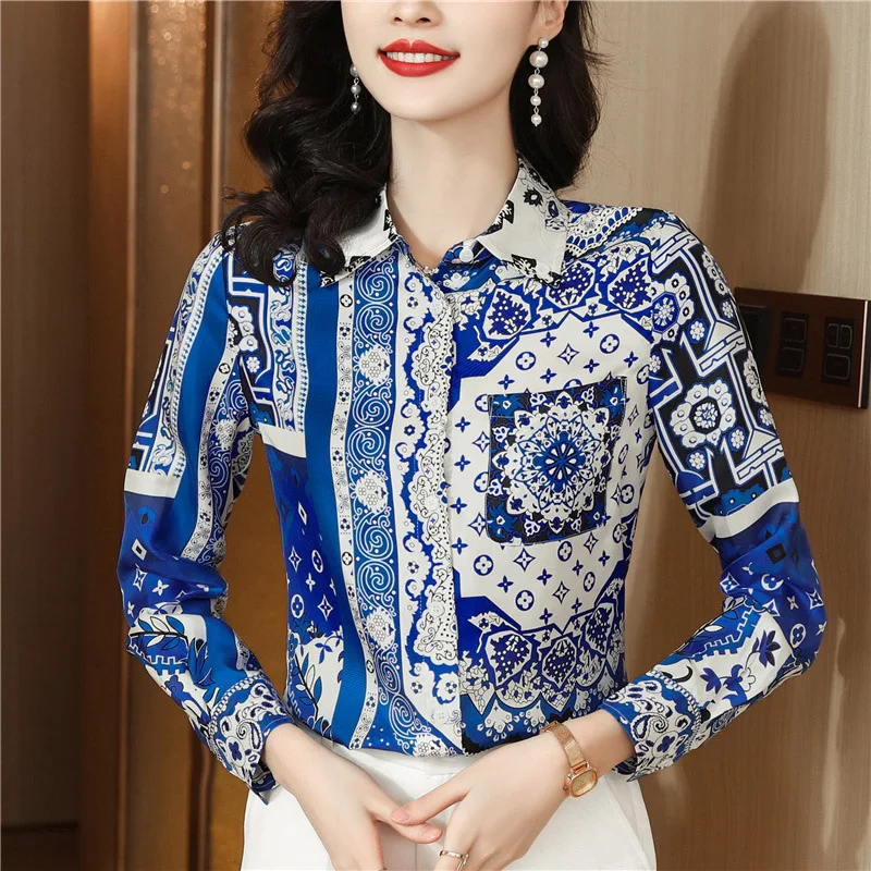 

Women Baroque Fashion Vintage Printed Chiffon Shirts Office Lady Elegant Chic Commuting Blouse Spring Autumn Loose Casual Tops