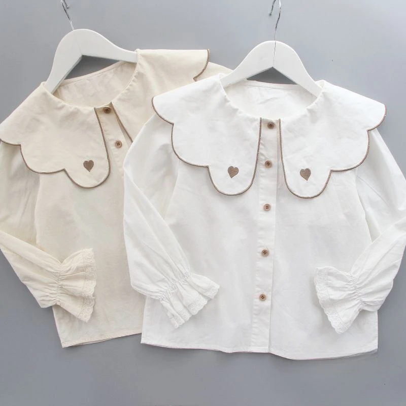 Girls Shirt White Spring and Fall New Girls Doll Collar Cotton Blouse Children Long-sleeved Shirt Toddler Girl Clothes