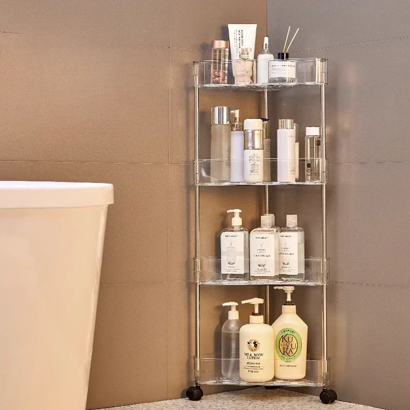 

Stainless Steel Rack Multi-Layer Transparent Bathroom Shelf Storage Trolley Easy-Move Space-Saving for Bathroom Corner Shelf